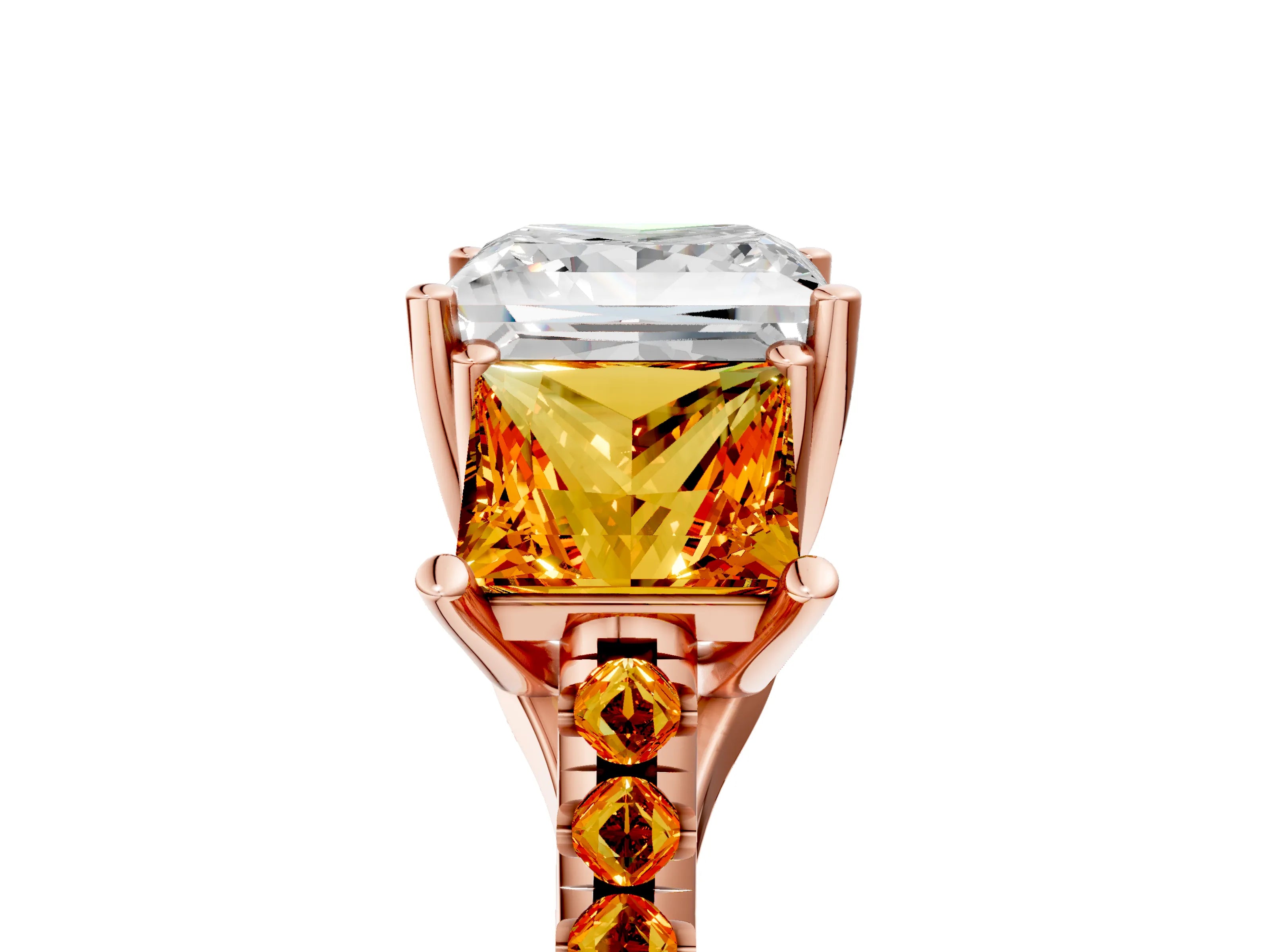 Rose gold Three-Stone Princess Cut Diamond Ring with Round with Citrine side stone Pavé Band and Prong Setting_5