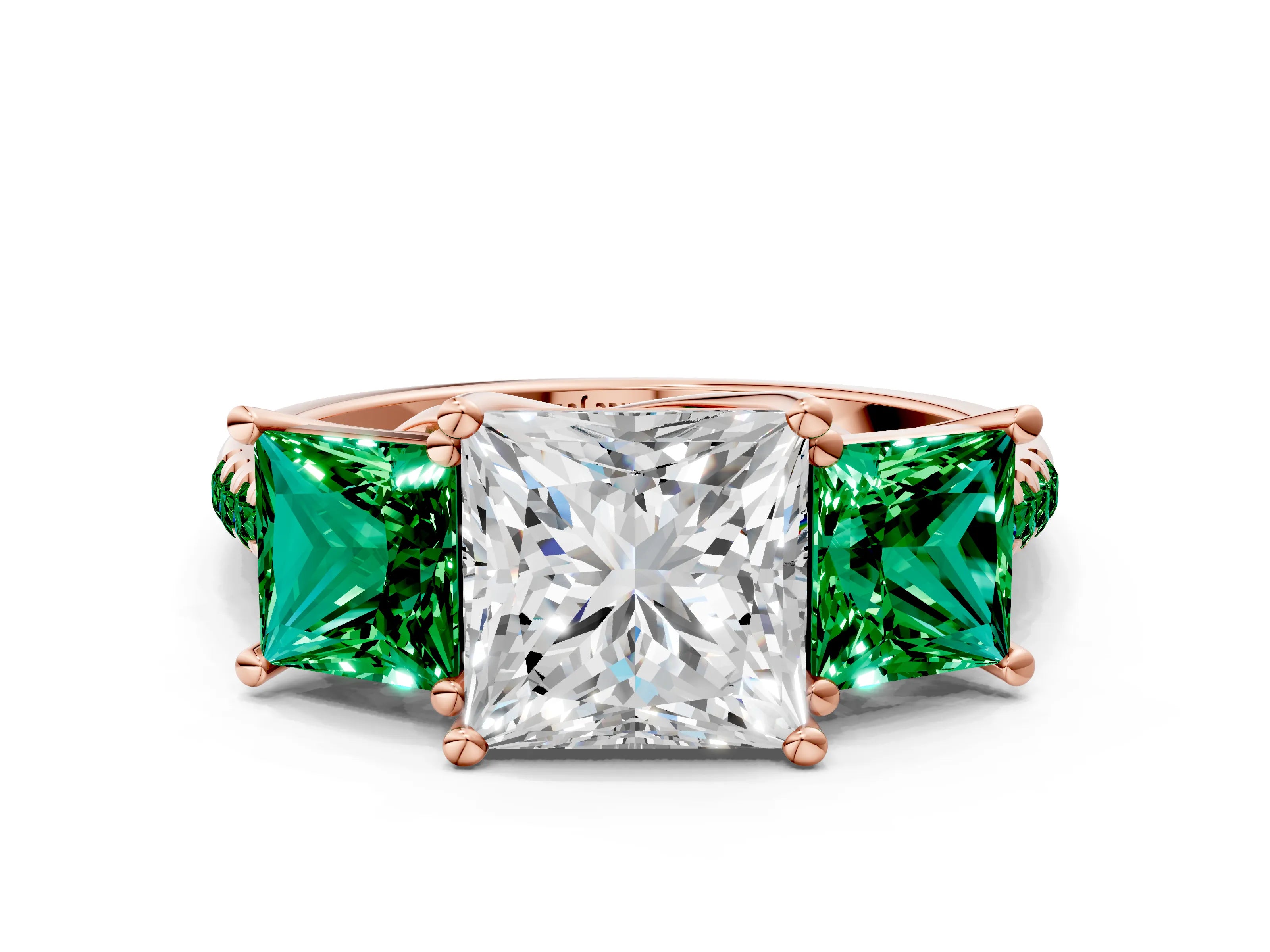 Rose gold Three-Stone Princess Cut Diamond Ring with Round with Emerald side stone Pavé Band and Prong Setting