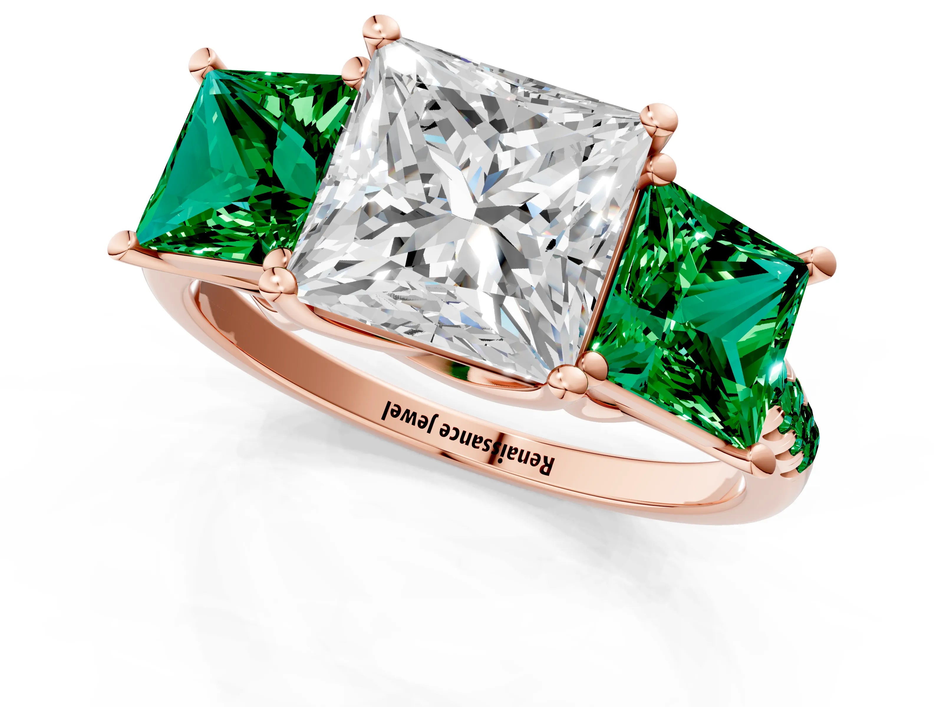 Rose gold Three-Stone Princess Cut Diamond Ring with Round with Emerald side stone Pavé Band and Prong Setting_1