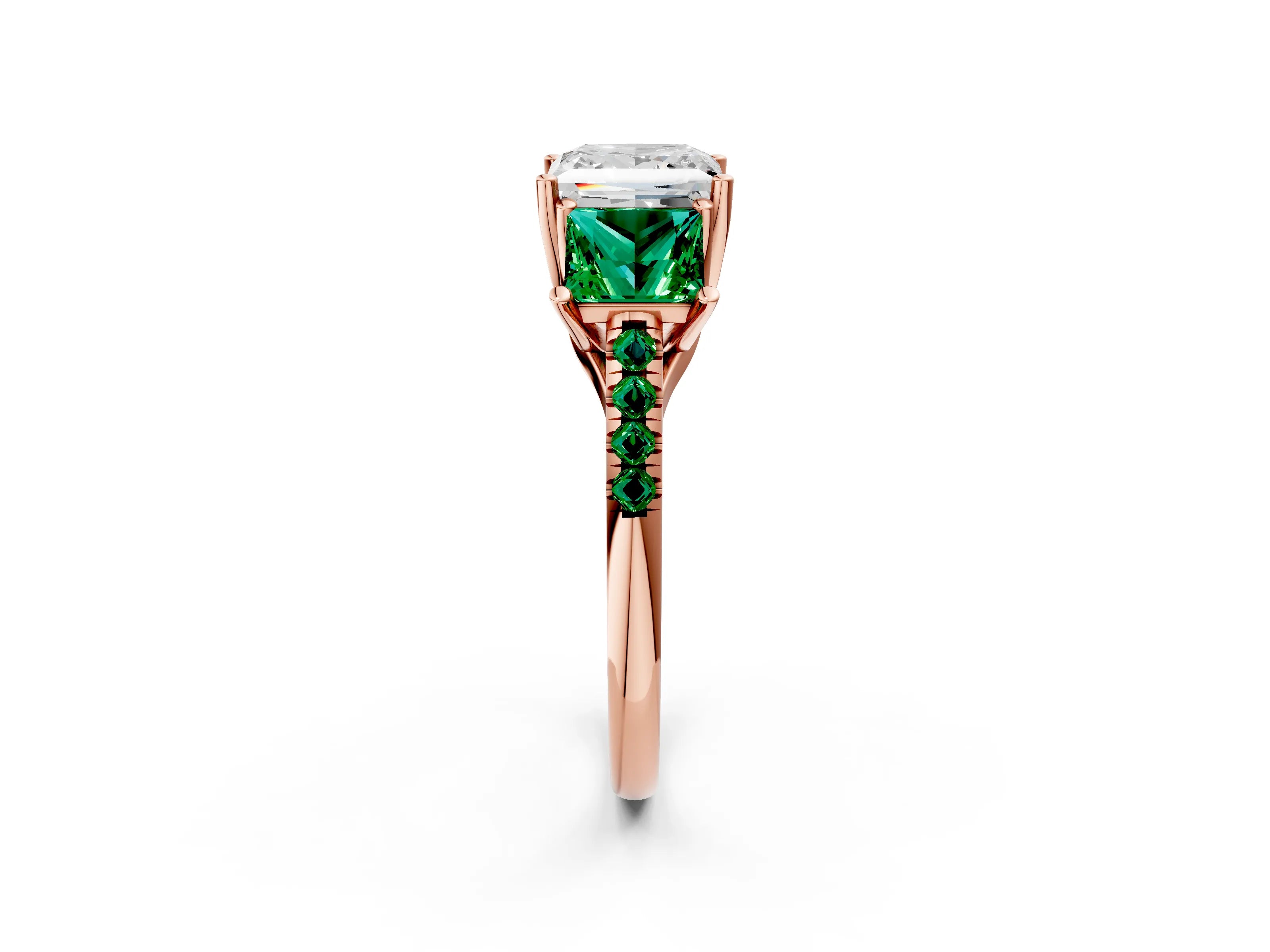 Rose gold Three-Stone Princess Cut Diamond Ring with Round with Emerald side stone Pavé Band and Prong Setting_2