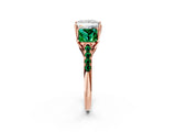Rose gold Three-Stone Princess Cut Diamond Ring with Round with Emerald side stone Pavé Band and Prong Setting_2