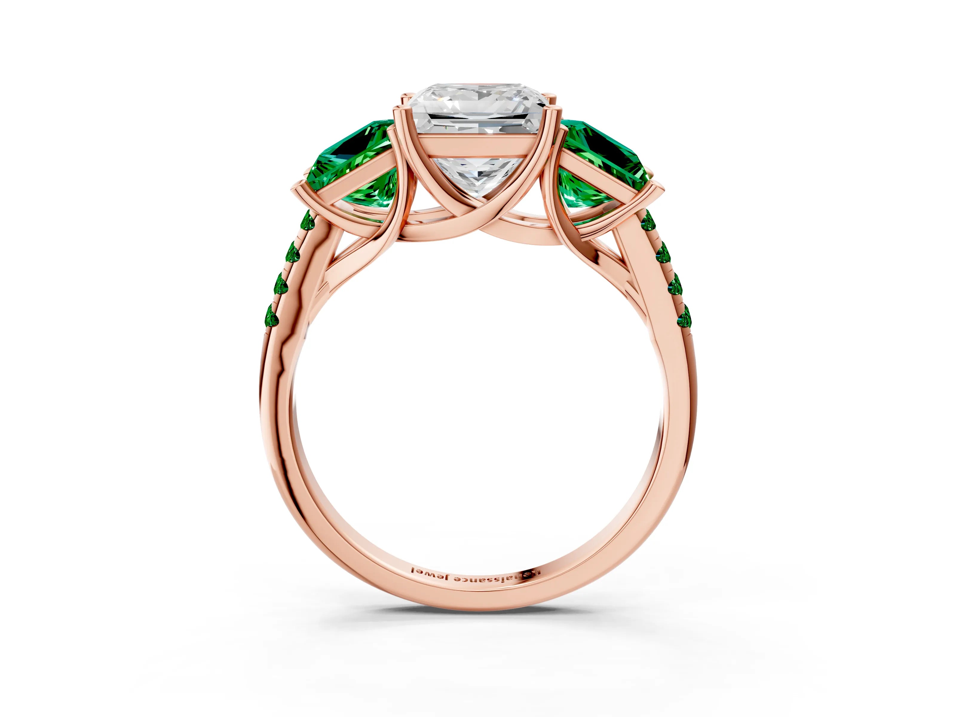 Rose gold Three-Stone Princess Cut Diamond Ring with Round with Emerald side stone Pavé Band and Prong Setting_3