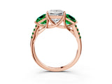 Rose gold Three-Stone Princess Cut Diamond Ring with Round with Emerald side stone Pavé Band and Prong Setting_3