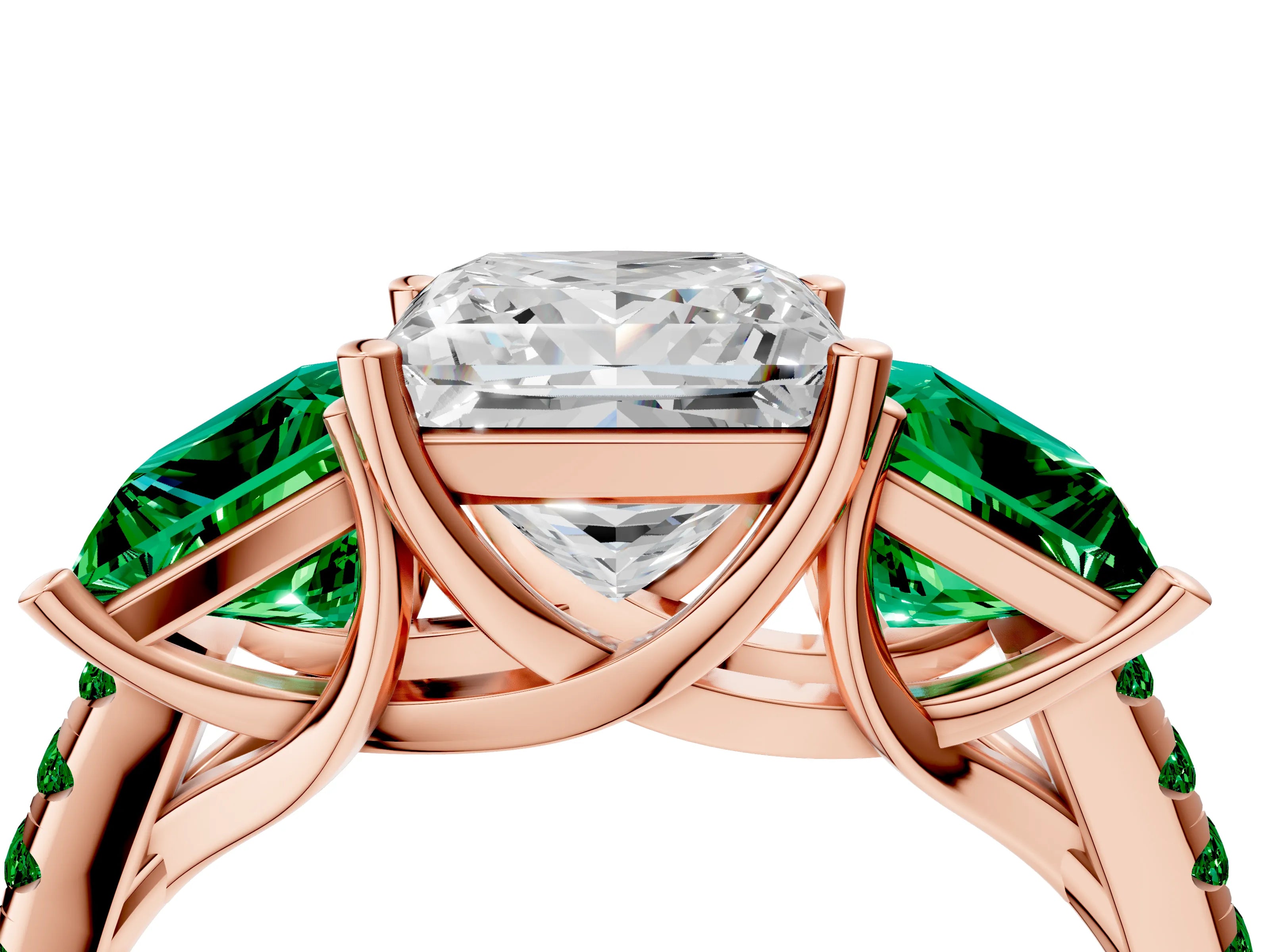 Rose gold Three-Stone Princess Cut Diamond Ring with Round with Emerald side stone Pavé Band and Prong Setting_4