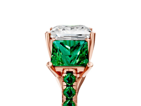 Rose gold Three-Stone Princess Cut Diamond Ring with Round with Emerald side stone Pavé Band and Prong Setting_5