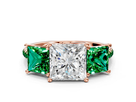 Rose gold Three-Stone Princess Cut Diamond Ring with Round with Emerald side stone Pavé Band and Prong Setting