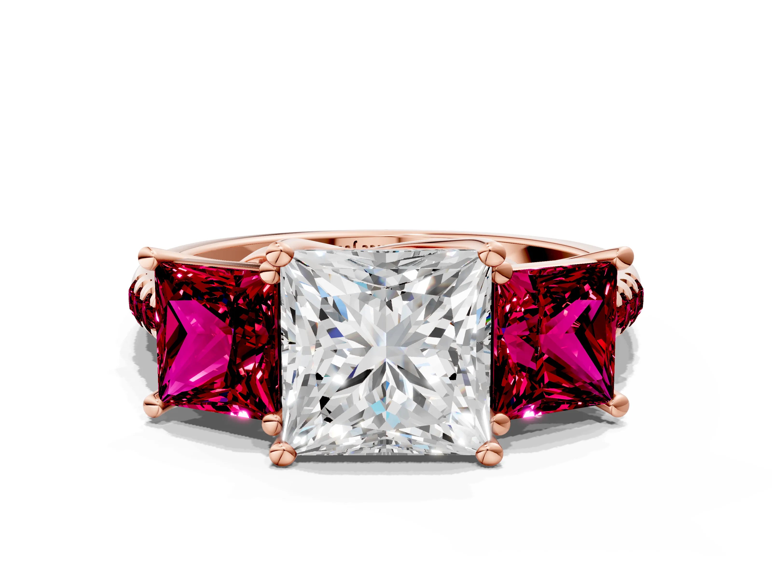 Rose gold Three-Stone Princess Cut Diamond Ring with Round with Garnet side stone Pavé Band and Prong Setting