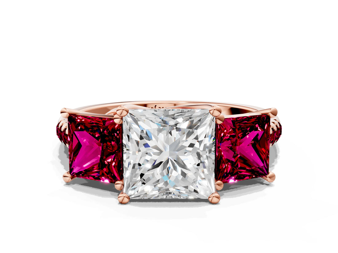 Rose gold Three-Stone Princess Cut Diamond Ring with Round with Garnet side stone Pavé Band and Prong Setting
