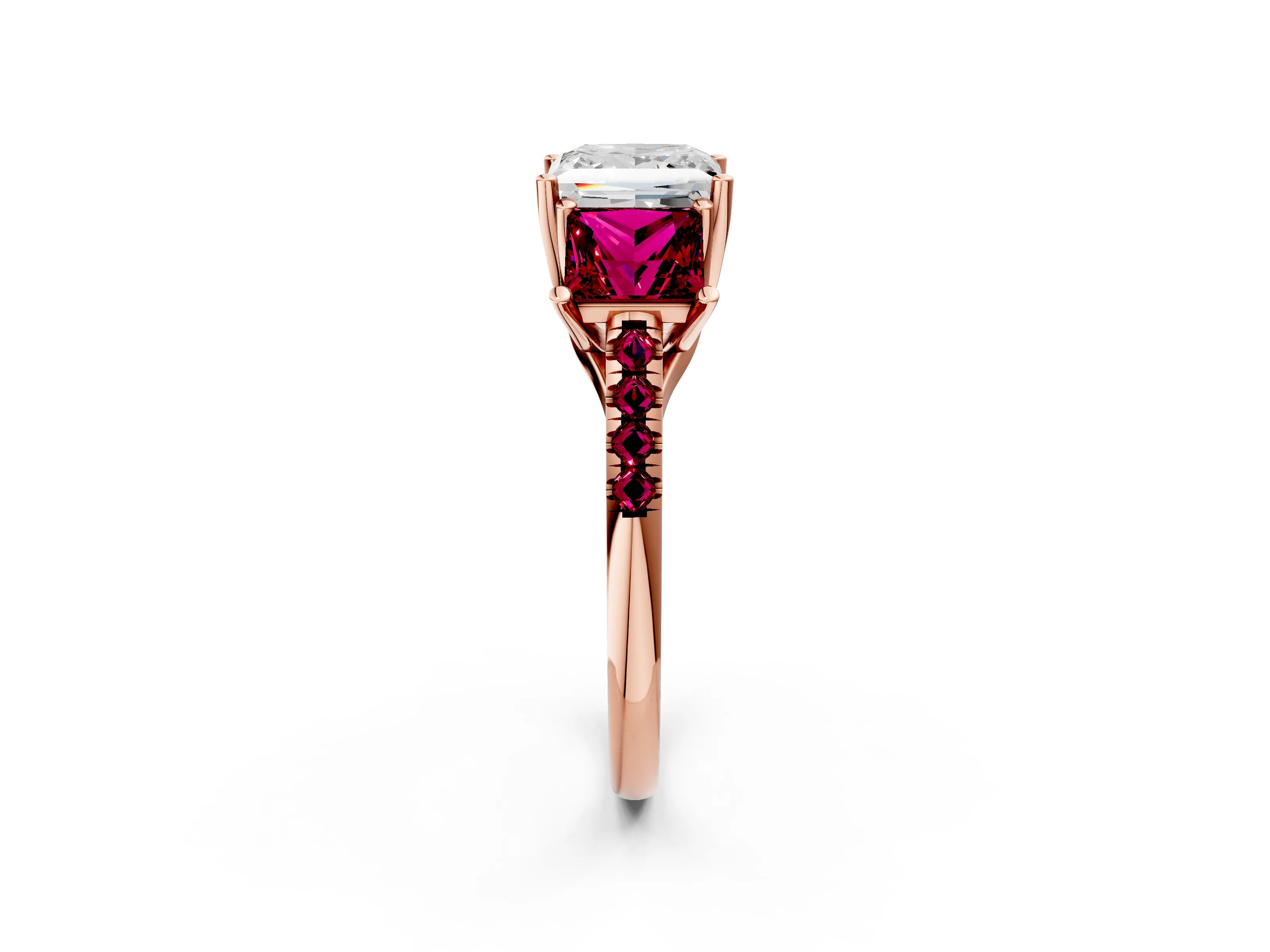 Rose gold Three-Stone Princess Cut Diamond Ring with Round with Garnet side stone Pavé Band and Prong Setting_2