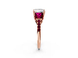 Rose gold Three-Stone Princess Cut Diamond Ring with Round with Garnet side stone Pavé Band and Prong Setting_2