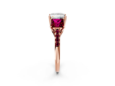 Rose gold Three-Stone Princess Cut Diamond Ring with Round with Garnet side stone Pavé Band and Prong Setting_2