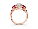 Rose gold Three-Stone Princess Cut Diamond Ring with Round with Garnet side stone Pavé Band and Prong Setting_3