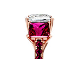 Rose gold Three-Stone Princess Cut Diamond Ring with Round with Garnet side stone Pavé Band and Prong Setting_5