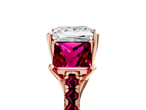 Rose gold Three-Stone Princess Cut Diamond Ring with Round with Garnet side stone Pavé Band and Prong Setting_5