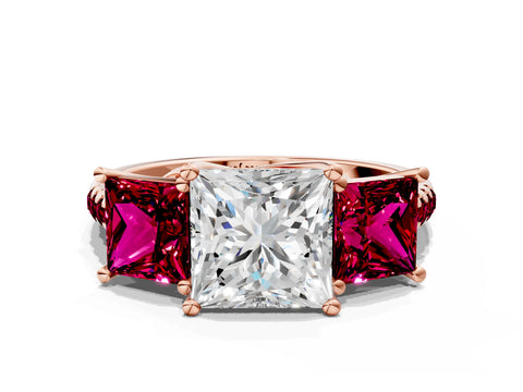 Rose gold Three-Stone Princess Cut Diamond Ring with Round with Garnet side stone Pavé Band and Prong Setting