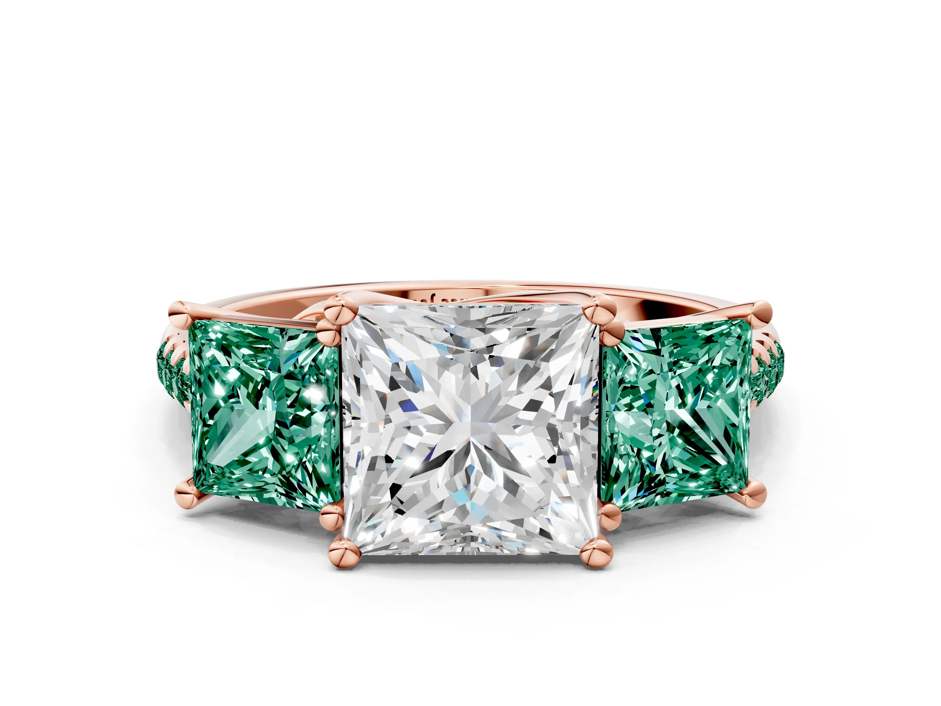 Rose gold Three-Stone Princess Cut Diamond Ring with Round with Green Sapphire side stone Pavé Band and Prong Setting