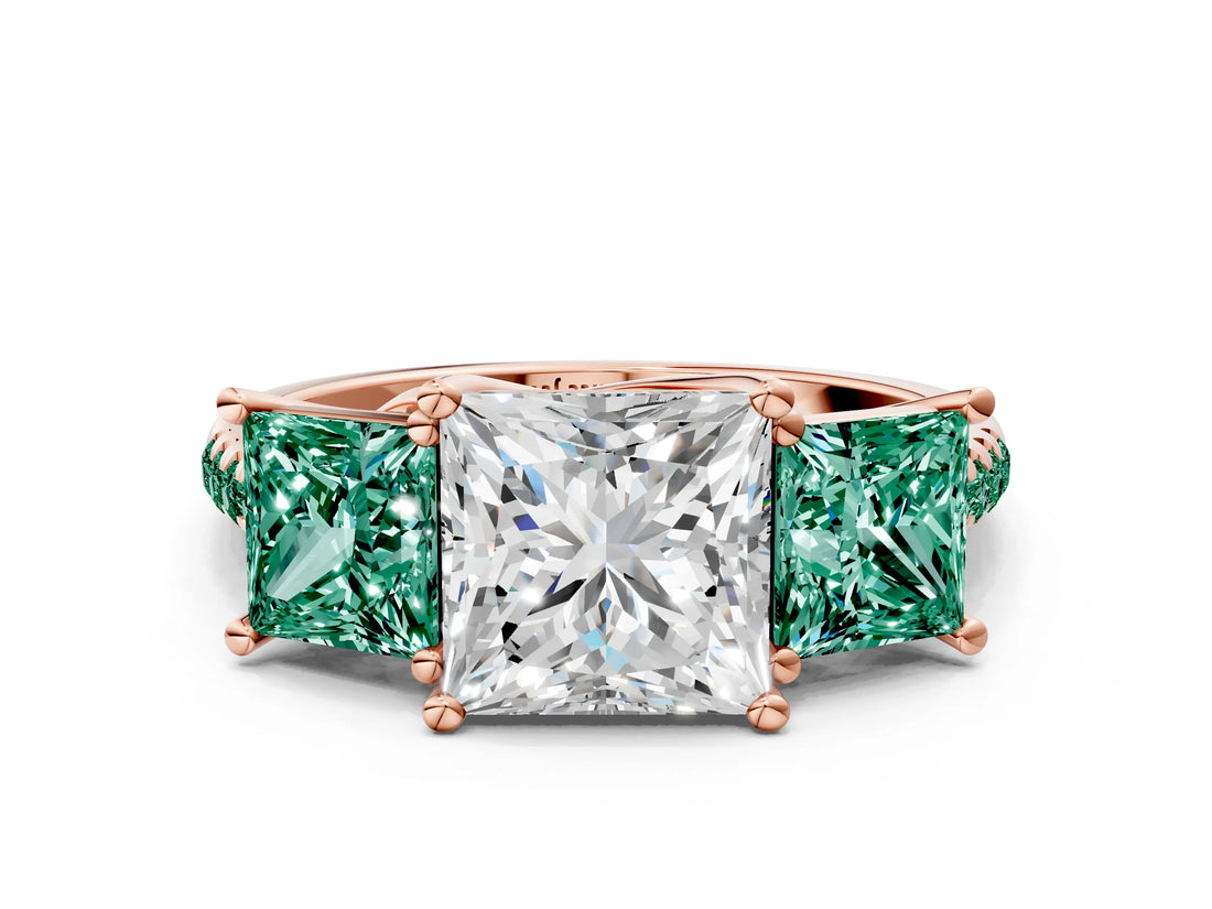 Rose gold Three-Stone Princess Cut Diamond Ring with Round with Green Sapphire side stone Pavé Band and Prong Setting
