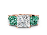 Rose gold Three-Stone Princess Cut Diamond Ring with Round with Green Sapphire side stone Pavé Band and Prong Setting