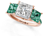 Rose gold Three-Stone Princess Cut Diamond Ring with Round with Green Sapphire side stone Pavé Band and Prong Setting_1
