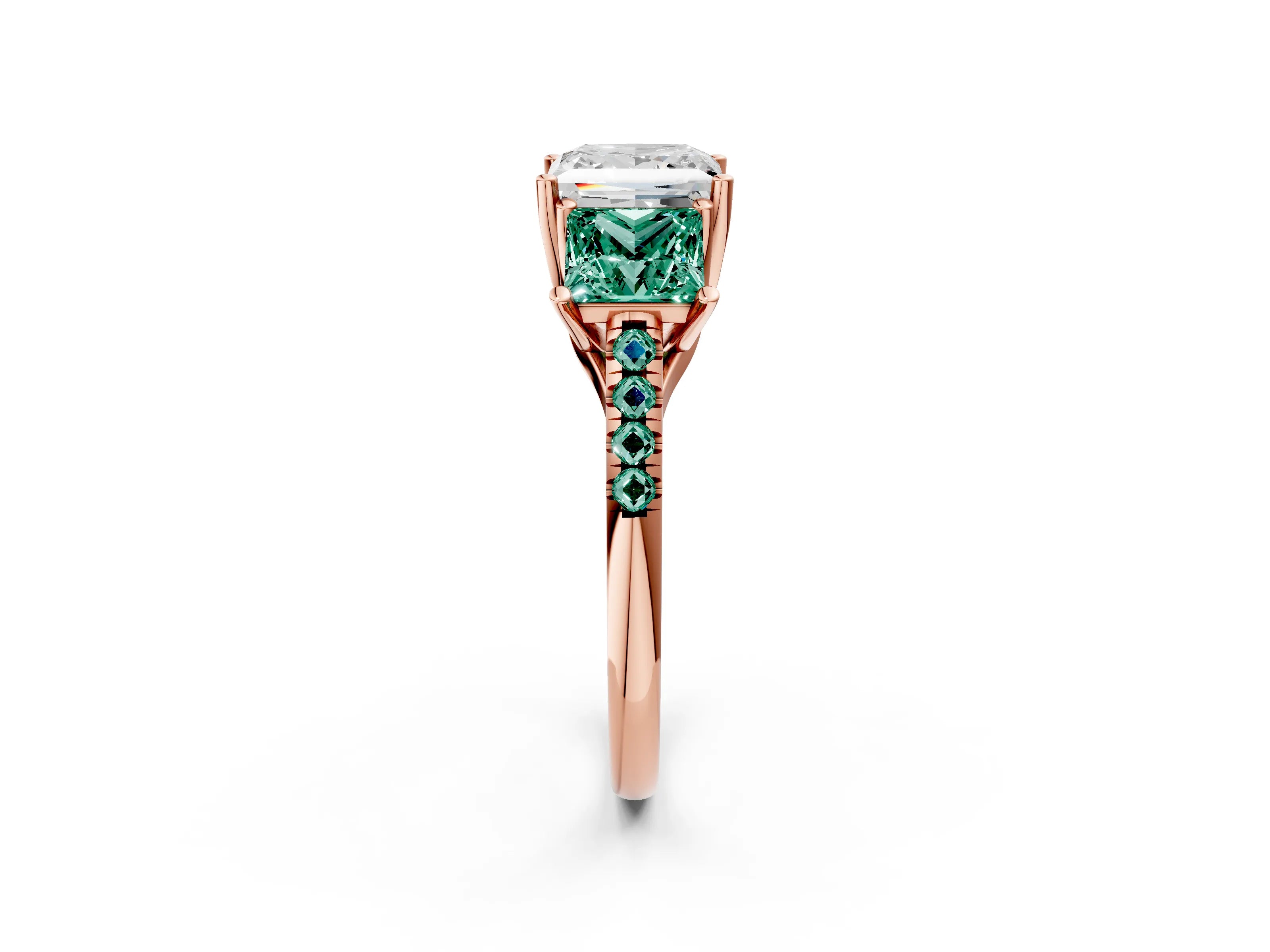 Rose gold Three-Stone Princess Cut Diamond Ring with Round with Green Sapphire side stone Pavé Band and Prong Setting_2