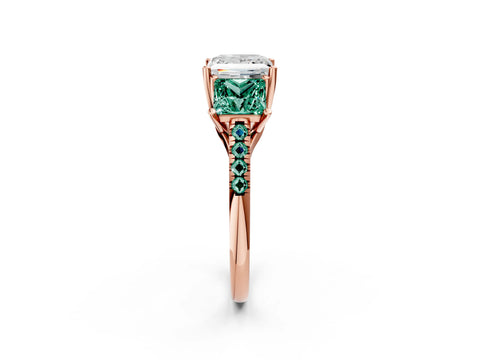 Rose gold Three-Stone Princess Cut Diamond Ring with Round with Green Sapphire side stone Pavé Band and Prong Setting_2