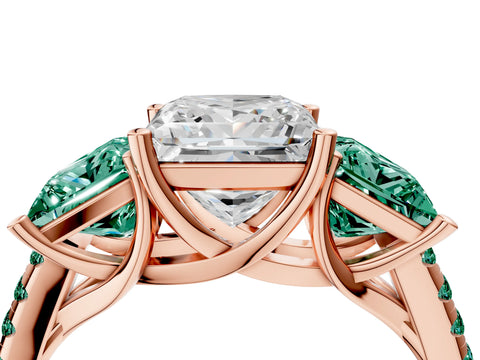 Rose gold Three-Stone Princess Cut Diamond Ring with Round with Green Sapphire side stone Pavé Band and Prong Setting_4