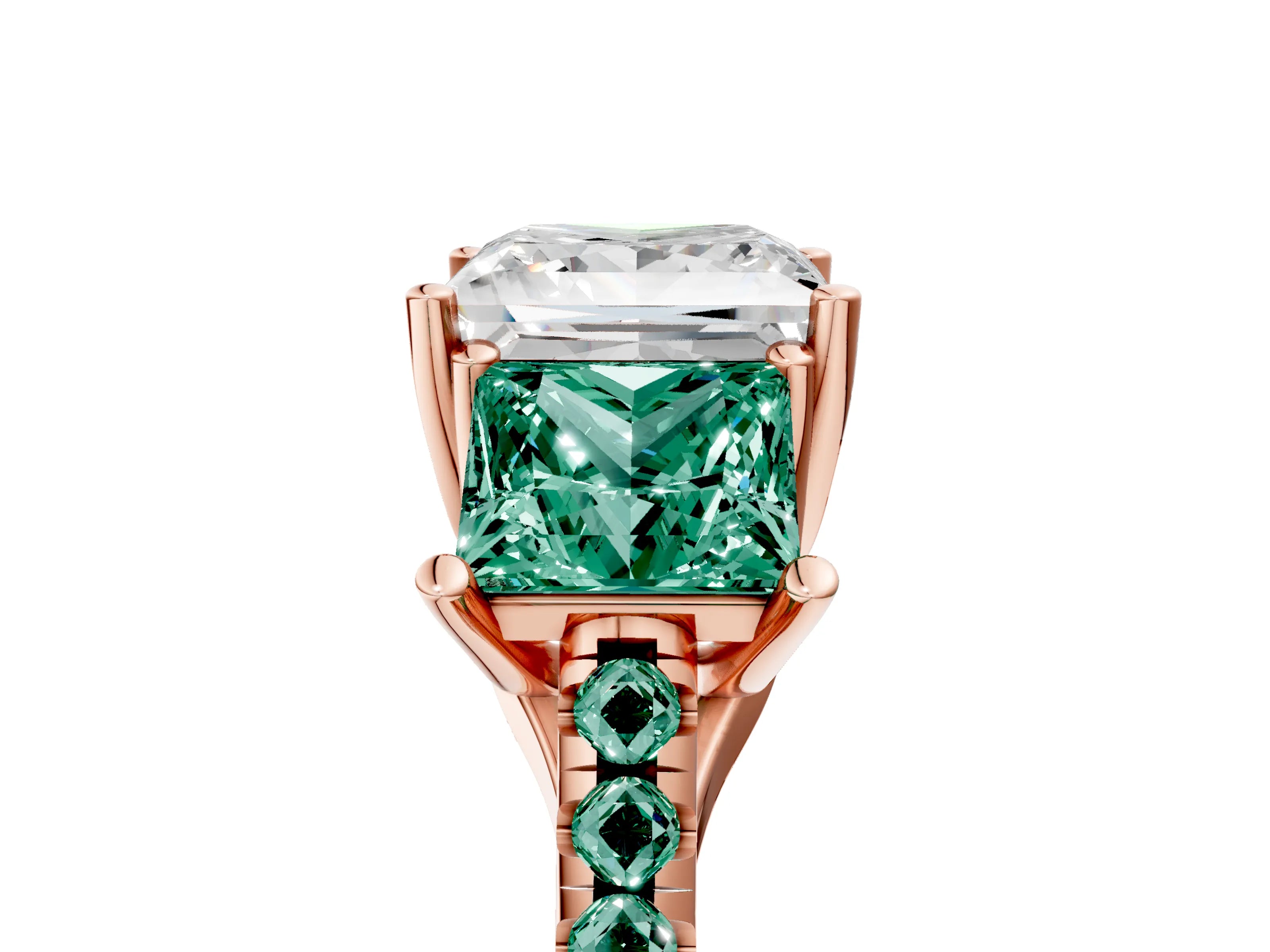Rose gold Three-Stone Princess Cut Diamond Ring with Round with Green Sapphire side stone Pavé Band and Prong Setting_5