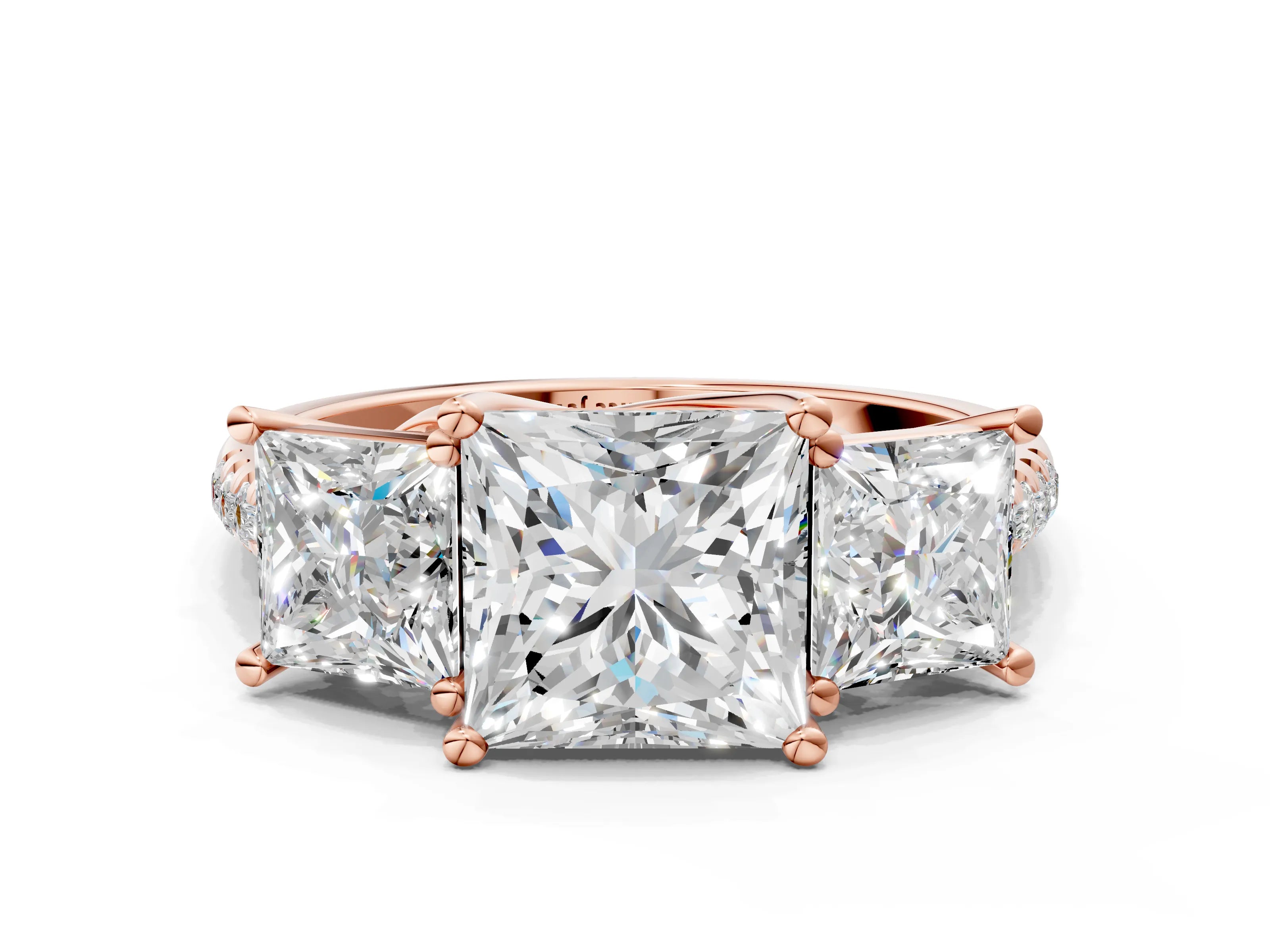 Rose gold Three-Stone Princess Cut Diamond Ring with Round with Moissanite side stone Pavé Band and Prong Setting
