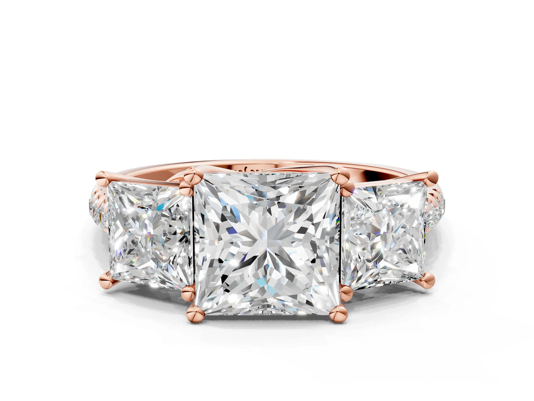 Rose gold Three-Stone Princess Cut Diamond Ring with Round with Moissanite side stone Pavé Band and Prong Setting