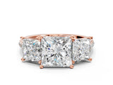 Rose gold Three-Stone Princess Cut Diamond Ring with Round with Moissanite side stone Pavé Band and Prong Setting