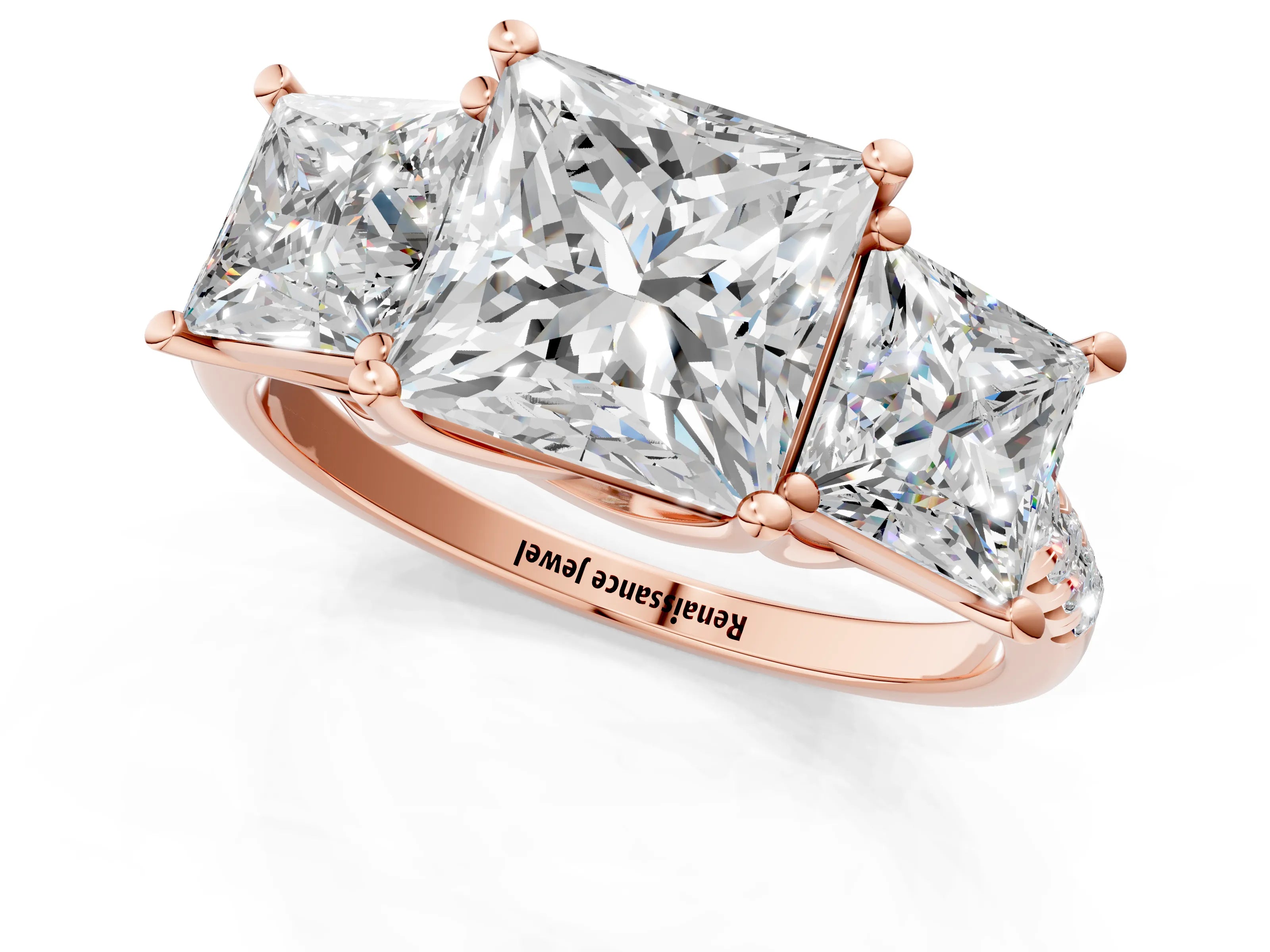 Rose gold Three-Stone Princess Cut Diamond Ring with Round with Moissanite side stone Pavé Band and Prong Setting_1