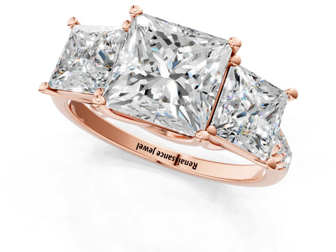 Rose gold Three-Stone Princess Cut Diamond Ring with Round with Moissanite side stone Pavé Band and Prong Setting_1