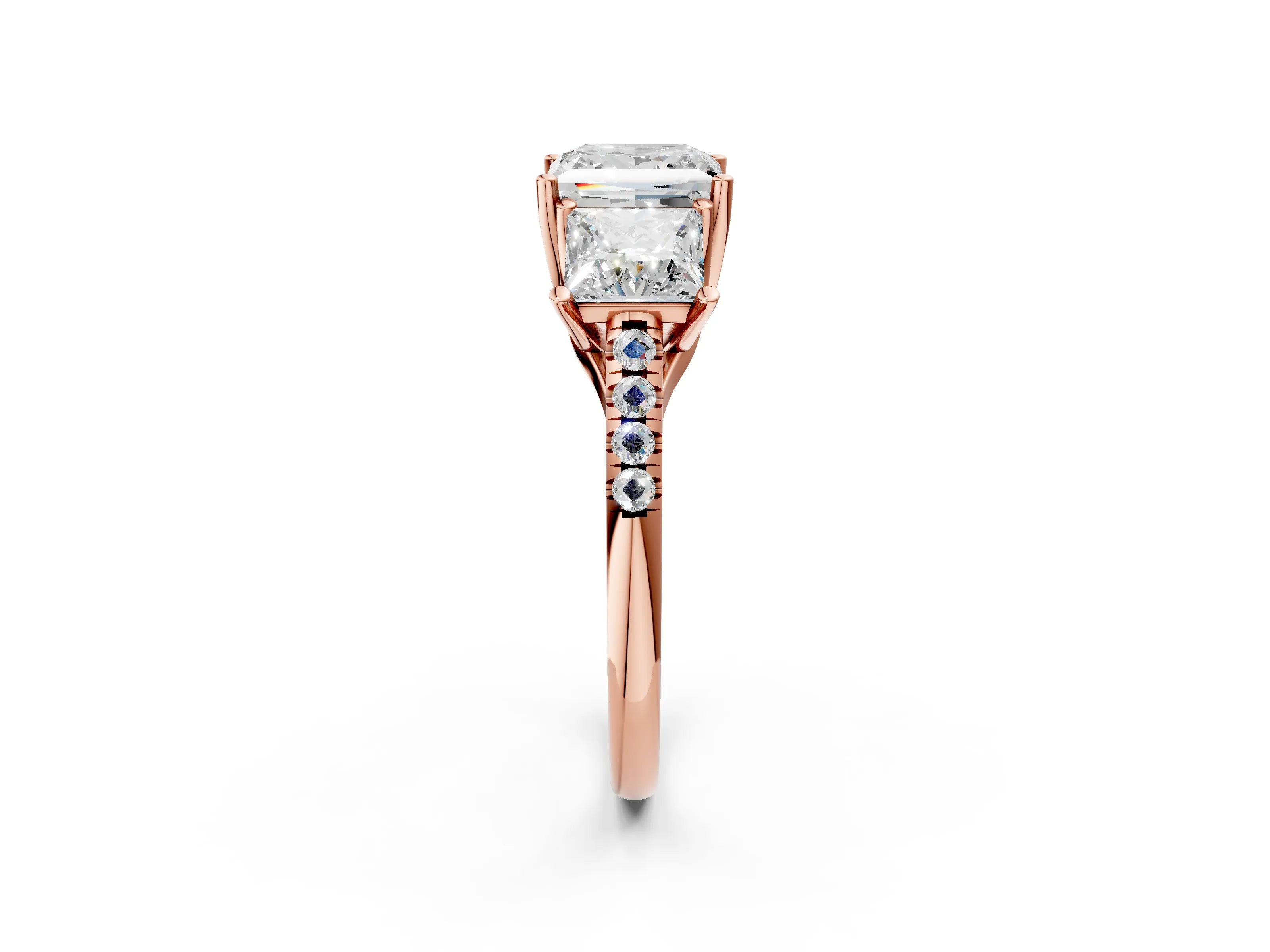 Rose gold Three-Stone Princess Cut Diamond Ring with Round with Moissanite side stone Pavé Band and Prong Setting_2