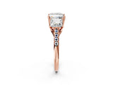 Rose gold Three-Stone Princess Cut Diamond Ring with Round with Moissanite side stone Pavé Band and Prong Setting_2