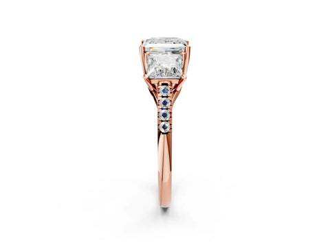 Rose gold Three-Stone Princess Cut Diamond Ring with Round with Moissanite side stone Pavé Band and Prong Setting_2