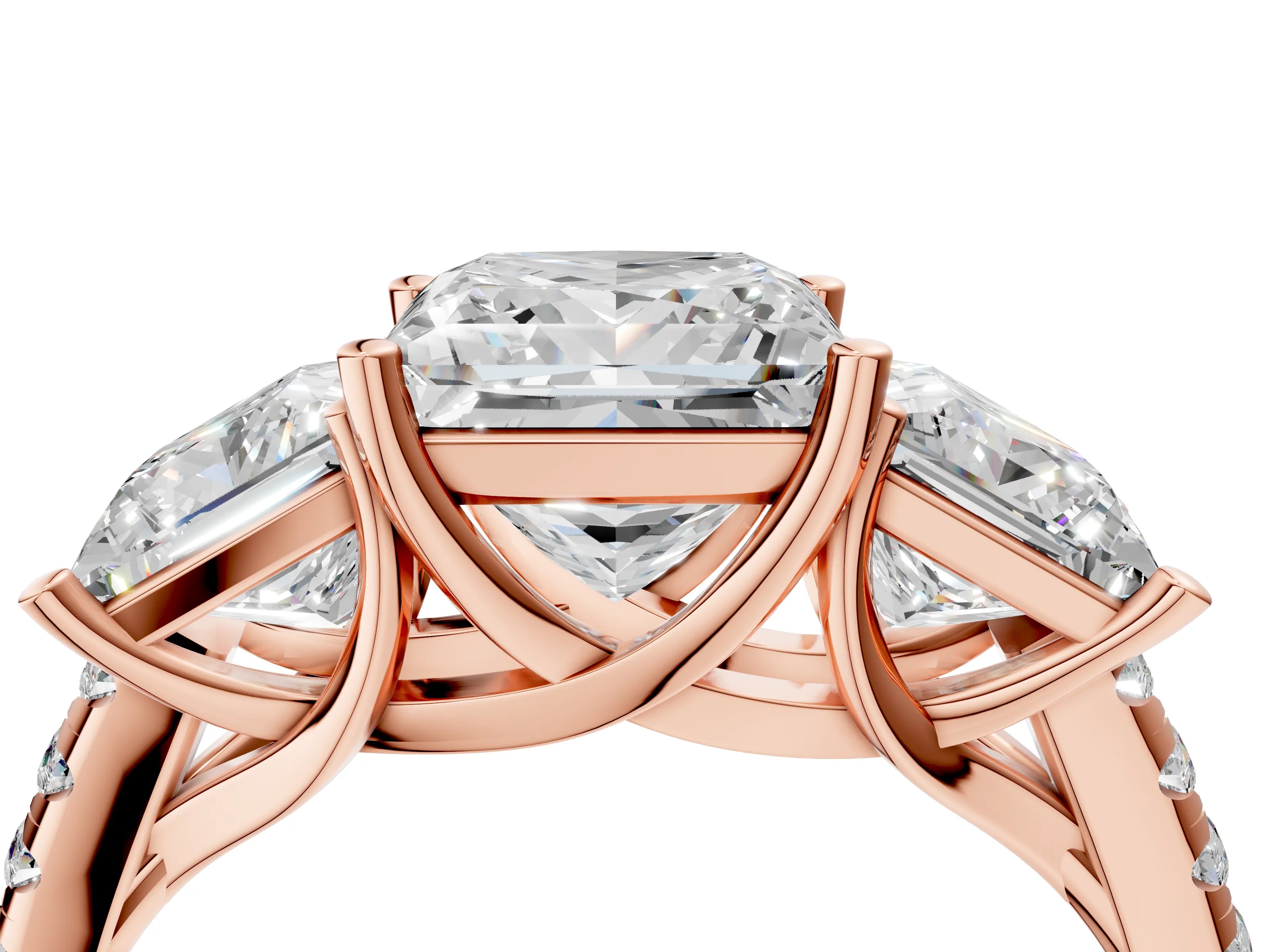 Rose gold Three-Stone Princess Cut Diamond Ring with Round with Moissanite side stone Pavé Band and Prong Setting_4