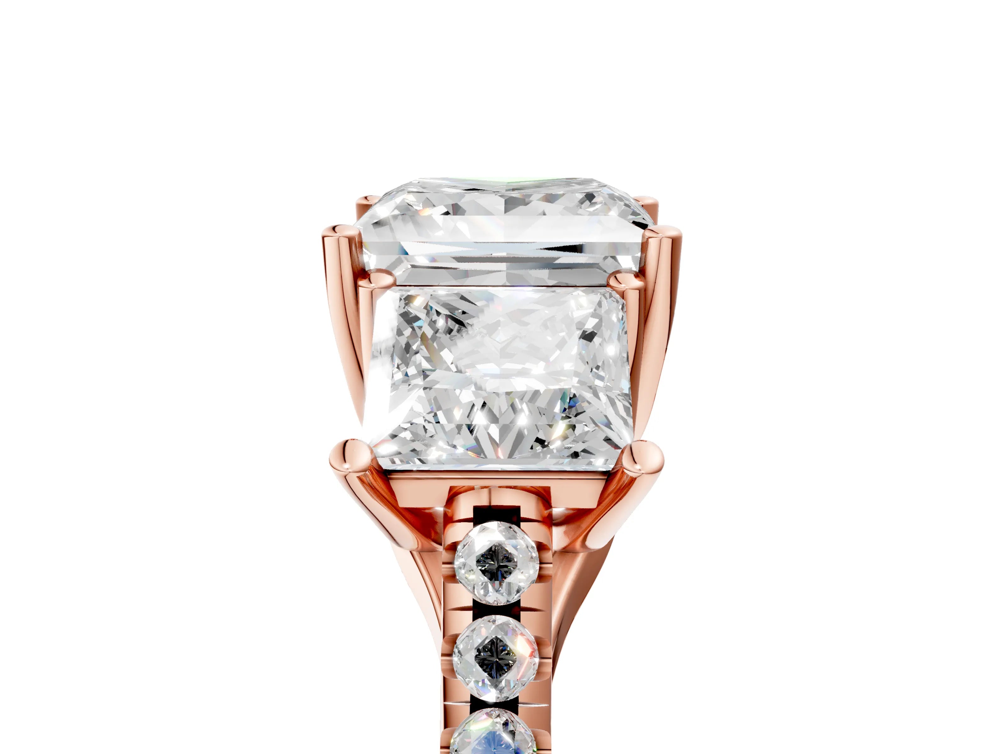 Rose gold Three-Stone Princess Cut Diamond Ring with Round with Moissanite side stone Pavé Band and Prong Setting_5