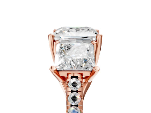 Rose gold Three-Stone Princess Cut Diamond Ring with Round with Moissanite side stone Pavé Band and Prong Setting_5