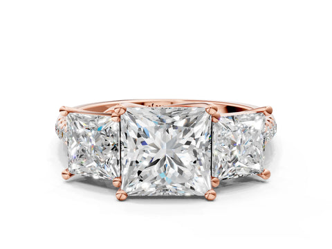Rose gold Three-Stone Princess Cut Diamond Ring with Round with Moissanite side stone Pavé Band and Prong Setting