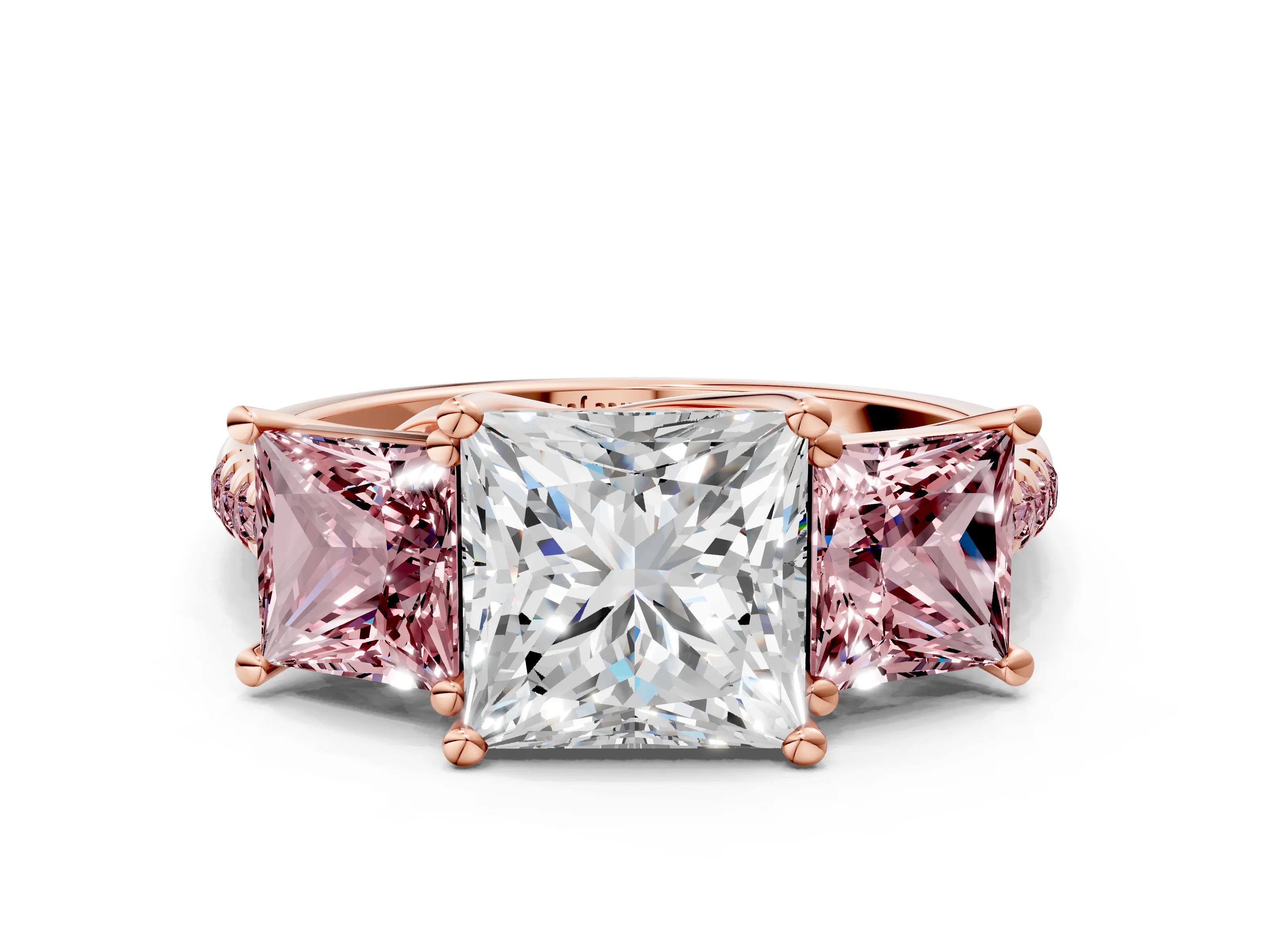 Rose gold Three-Stone Princess Cut Diamond Ring with Round with Morganite side stone Pavé Band and Prong Setting