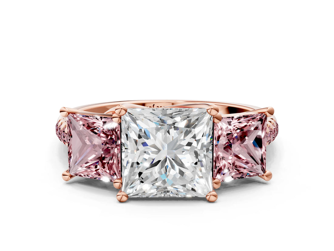 Rose gold Three-Stone Princess Cut Diamond Ring with Round with Morganite side stone Pavé Band and Prong Setting