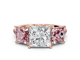 Rose gold Three-Stone Princess Cut Diamond Ring with Round with Morganite side stone Pavé Band and Prong Setting