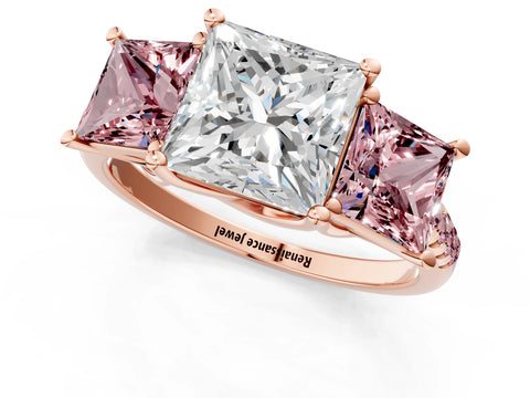 Rose gold Three-Stone Princess Cut Diamond Ring with Round with Morganite side stone Pavé Band and Prong Setting_1