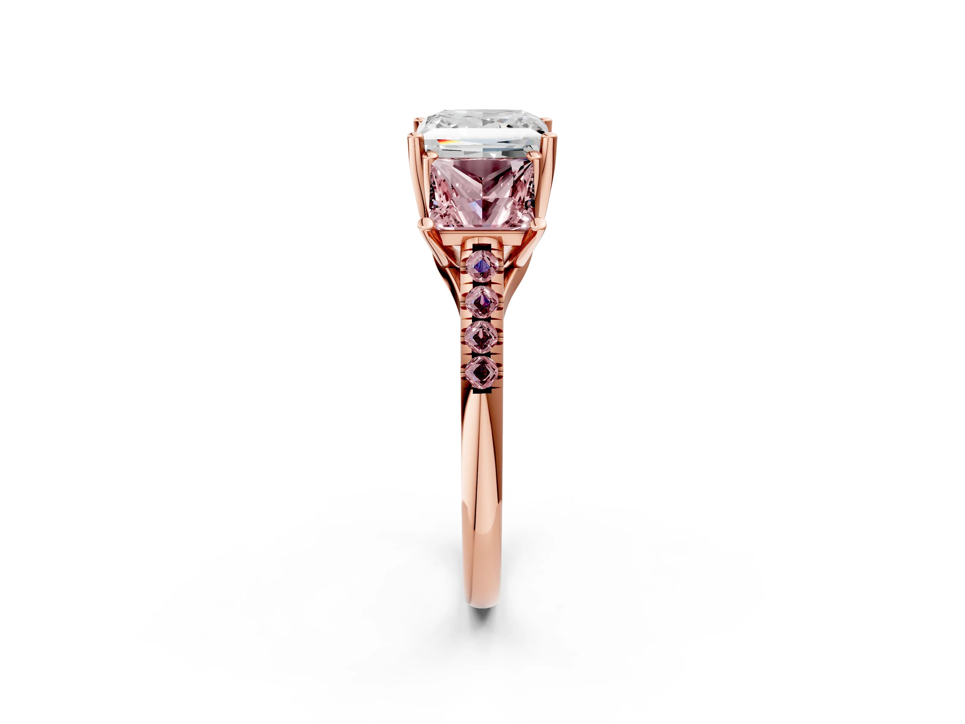 Rose gold Three-Stone Princess Cut Diamond Ring with Round with Morganite side stone Pavé Band and Prong Setting_2
