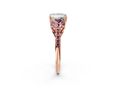 Rose gold Three-Stone Princess Cut Diamond Ring with Round with Morganite side stone Pavé Band and Prong Setting_2