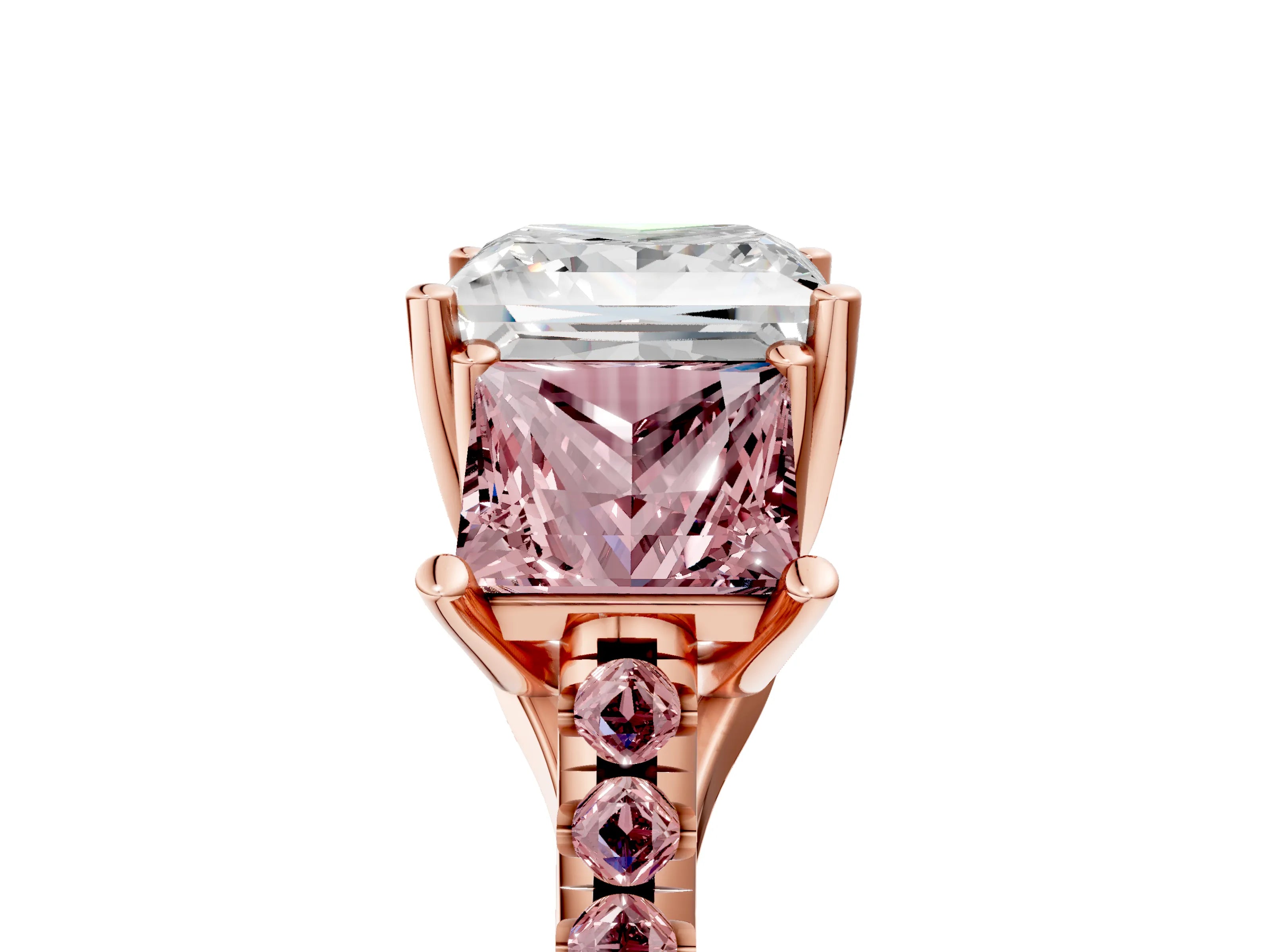 Rose gold Three-Stone Princess Cut Diamond Ring with Round with Morganite side stone Pavé Band and Prong Setting_5