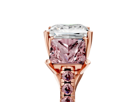 Rose gold Three-Stone Princess Cut Diamond Ring with Round with Morganite side stone Pavé Band and Prong Setting_5