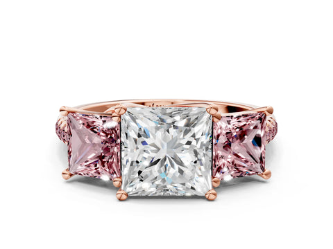 Rose gold Three-Stone Princess Cut Diamond Ring with Round with Morganite side stone Pavé Band and Prong Setting