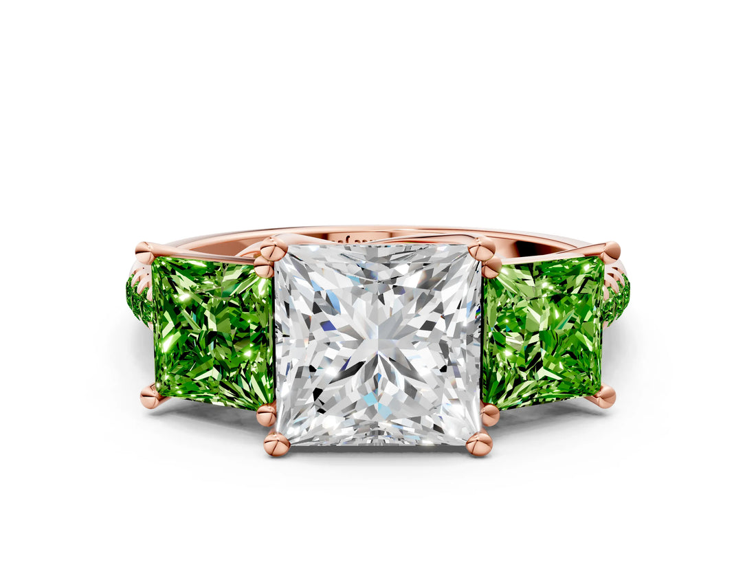Rose gold Three-Stone Princess Cut Diamond Ring with Round with Peridot side stone Pavé Band and Prong Setting