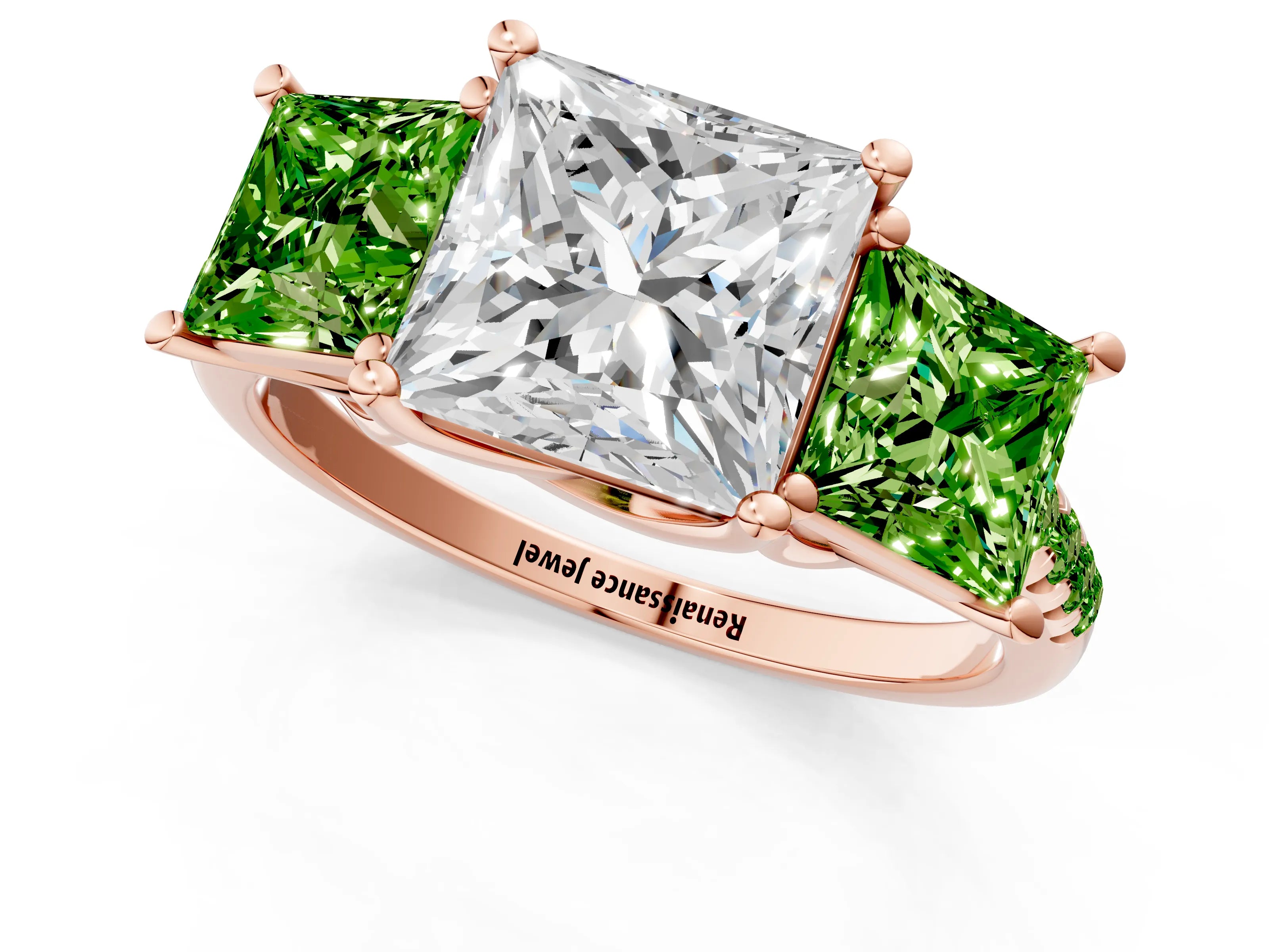 Rose gold Three-Stone Princess Cut Diamond Ring with Round with Peridot side stone Pavé Band and Prong Setting_1